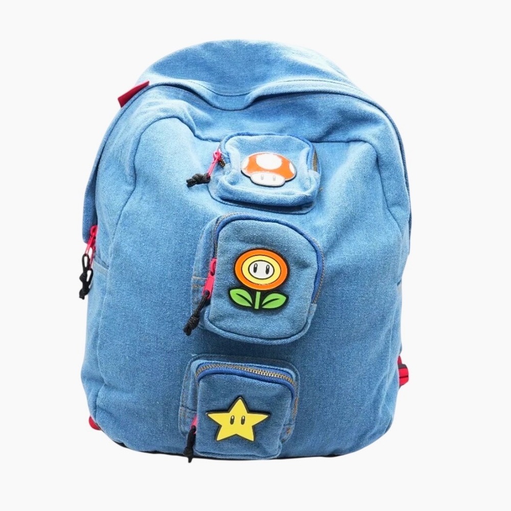 Bioworld Nintendo Backpack Unisex 18" Blue Excellent Denim Super Mario Patches